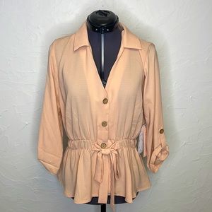 Sweet Rain Young Contemporary V-Neck Button Up 3/4 Sleeve Pink Blouse